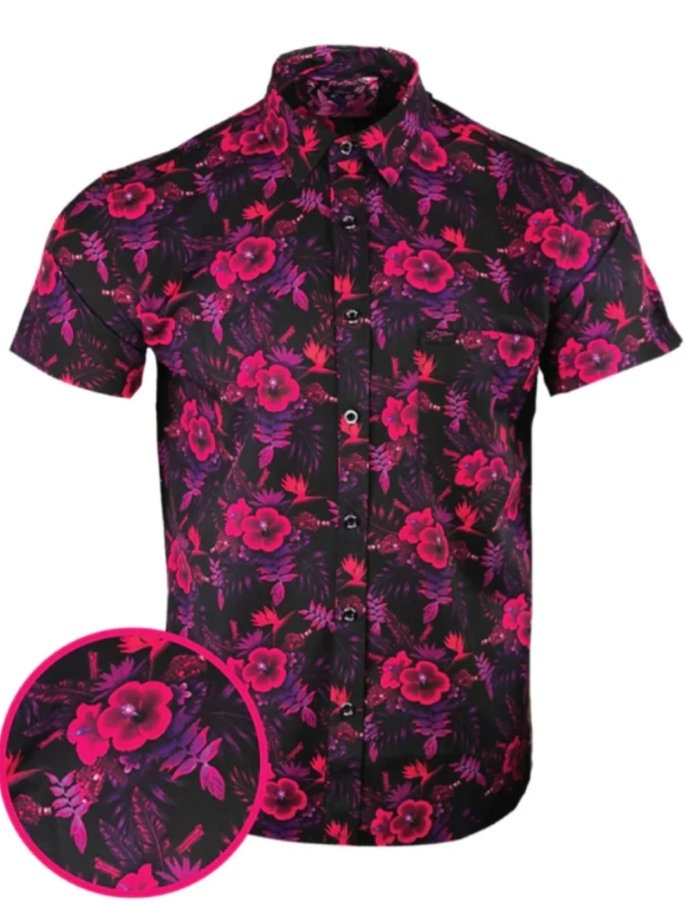 Retro Rifle Hibiscus Short Sleeve Performance Button Down Shirt Size Medium